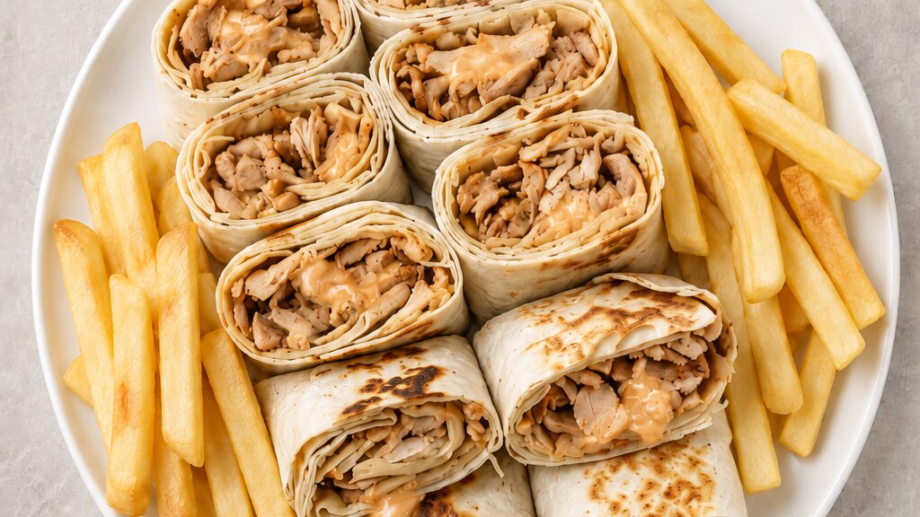 Arabic shawarma wraps and fries at Tiwi Restaurant, Arabic & Asian Food