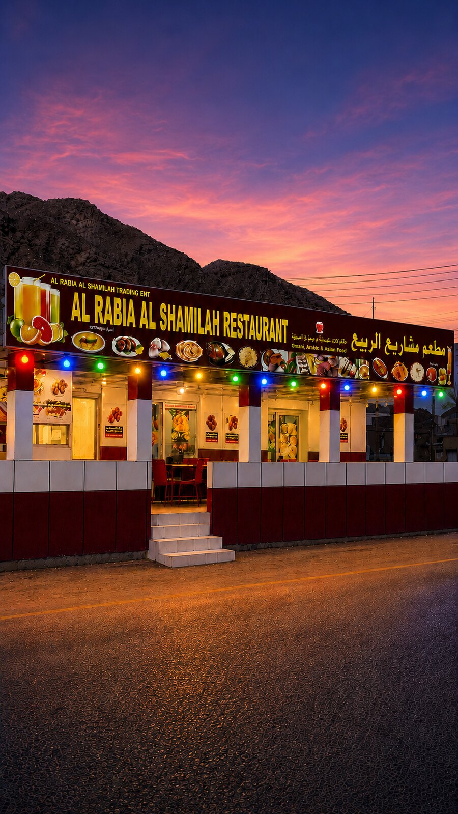 Tiwi Restaurant, Arabic & Asian Food illuminated at sunset